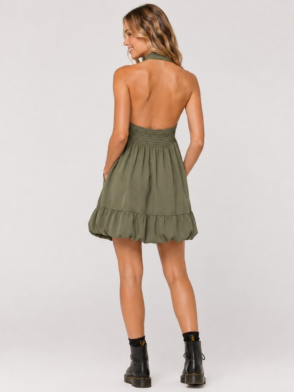 Rock & Roll Denim Olive Halter Zip-Front Bubble Dress - Picture 2 of 8